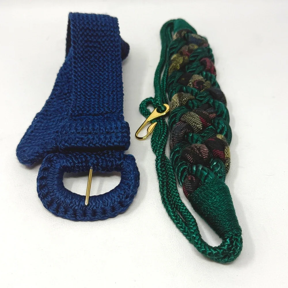 Womens Vintage Woven Belt Set 2 Navy‎ Blue Crochet & Green Braided Tapestry M/L
